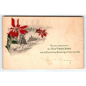 Vintage Christmas Postcard with Poinsettias & Winter Scene, Original 5.5x3.5